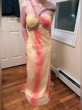 Gradient Yellow and Coral Strapless Evening Gown with Beaded Waist